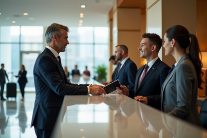Homme d'affaires en costume à la réception d'un hôtel moderne