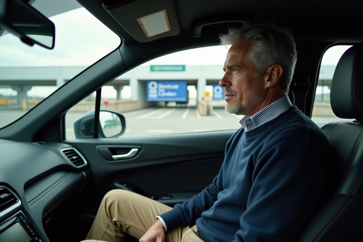Homme dans la voiture regardant par la fenêtre au terminal Eurotunnel
