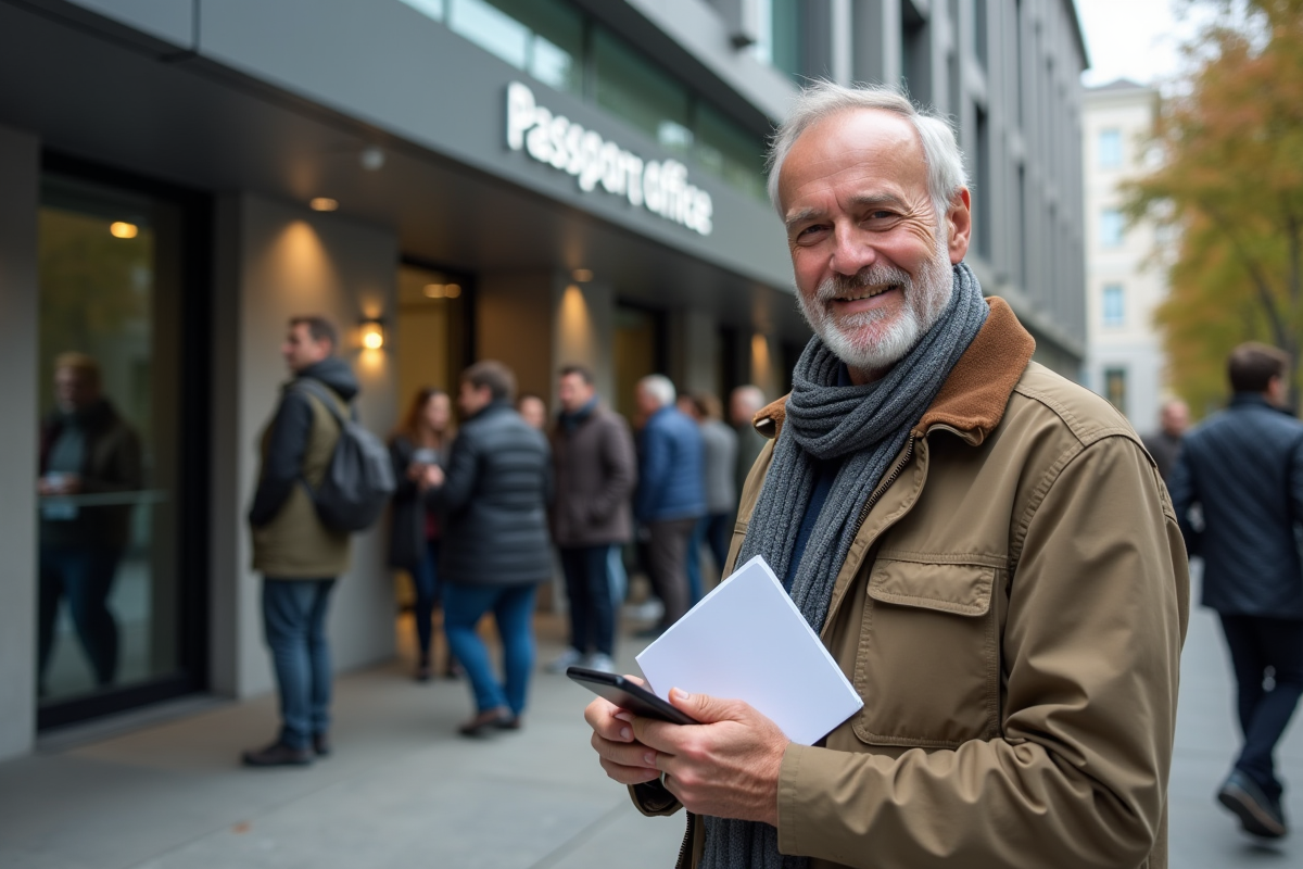 Homme âgé vérifie son téléphone devant un bureau de passeport