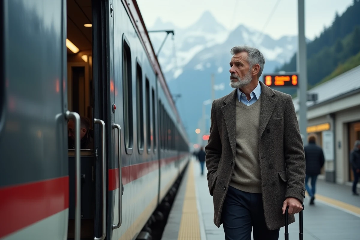 Homme d affaires attendant dans une gare suisse avec train en fond