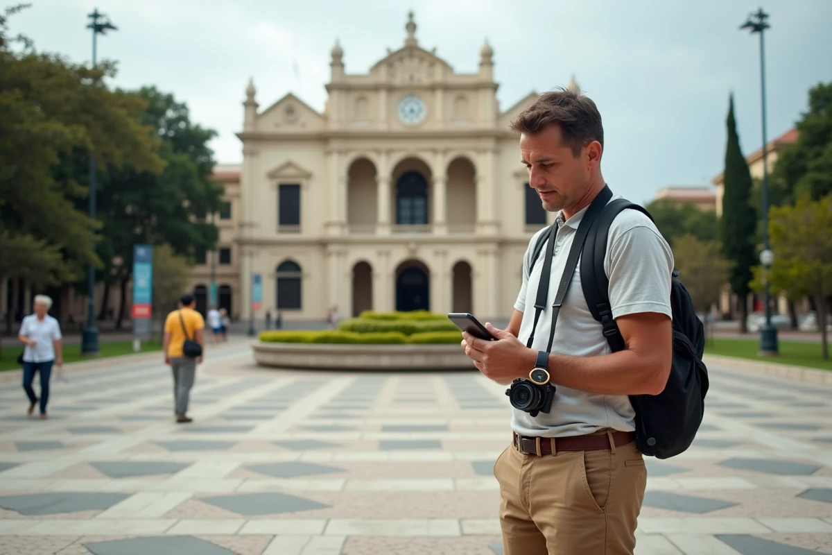 Homme consultent guide et smartphone devant un bâtiment historique à Managua