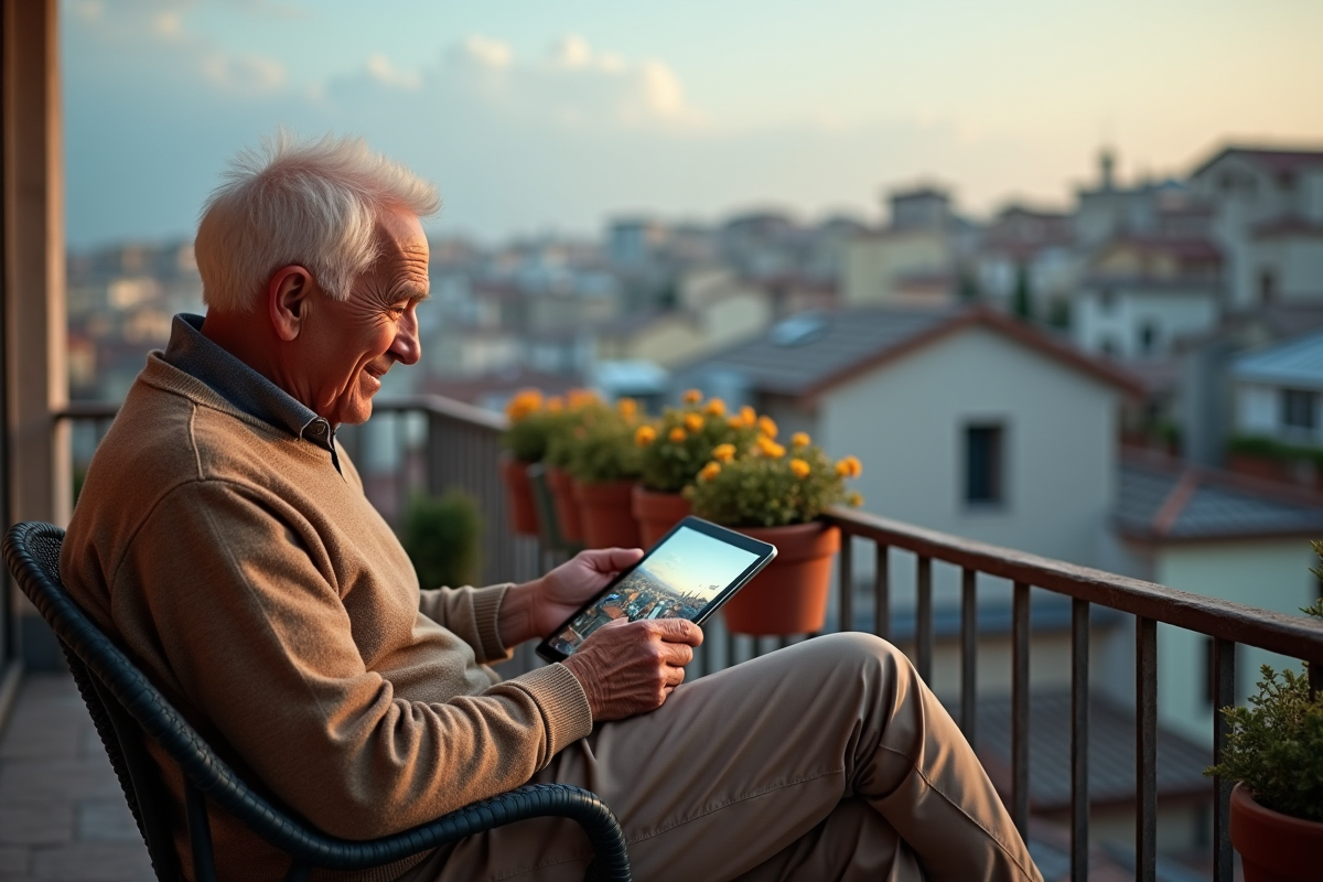 Homme âgé regardant des images de voyage sur une tablette