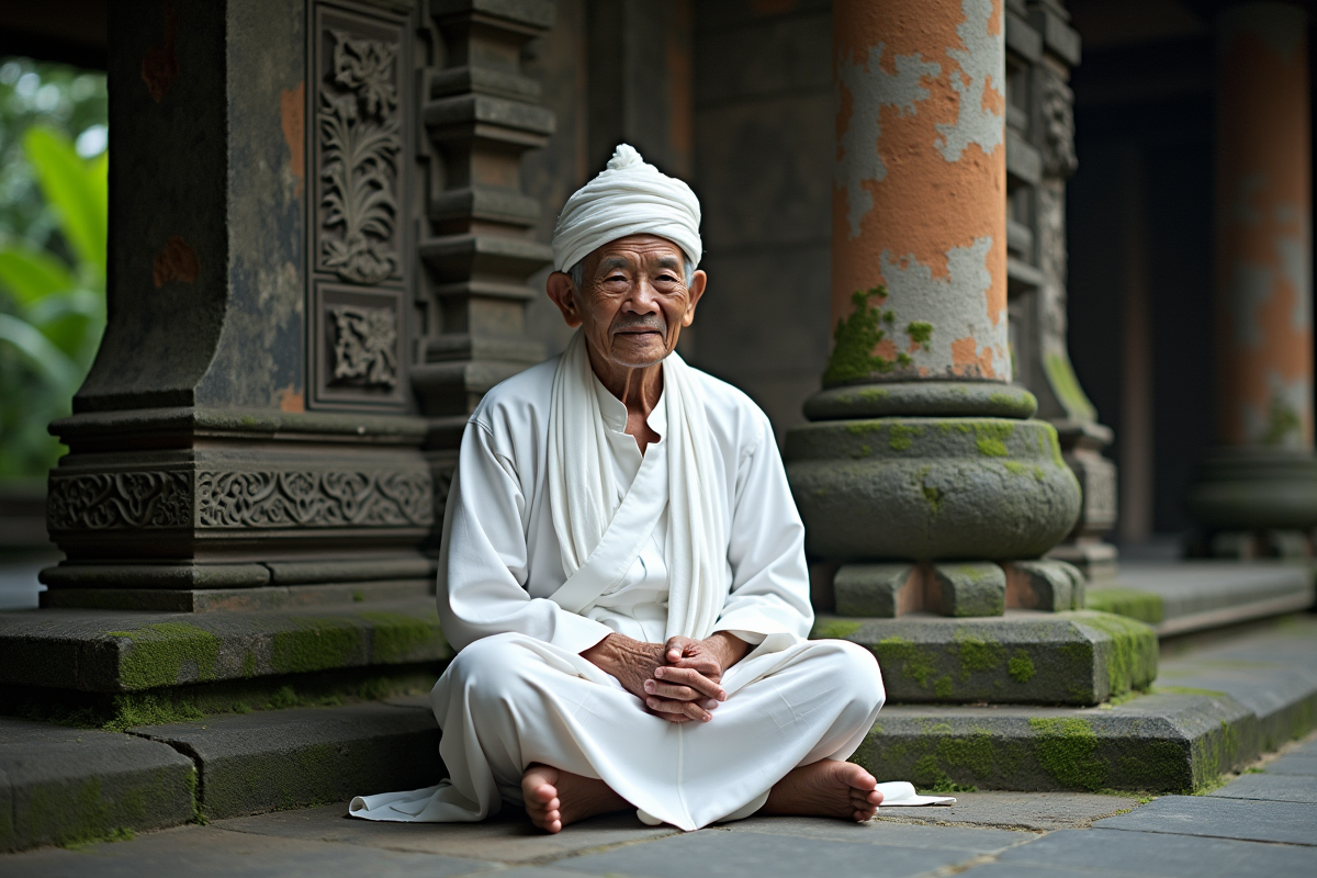 Homme balinais âgé en tenue cérémonielle près d’un autel
