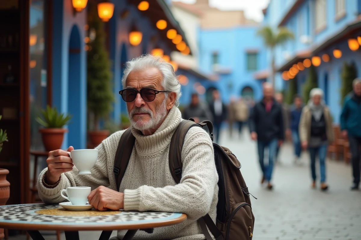 Homme âgé dégustant un thé à Chefchaouen dans une rue colorée