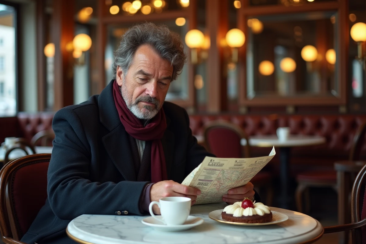 Homme consultant une carte de Vienne dans un café traditionnel viennois avec Sachertorte