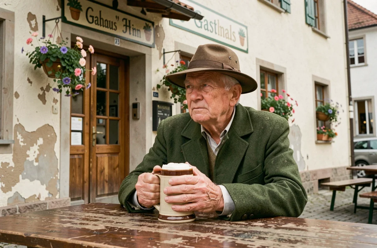 Homme âgé en costume bavarois traditionnel assis devant une auberge de village en Bavière rurale