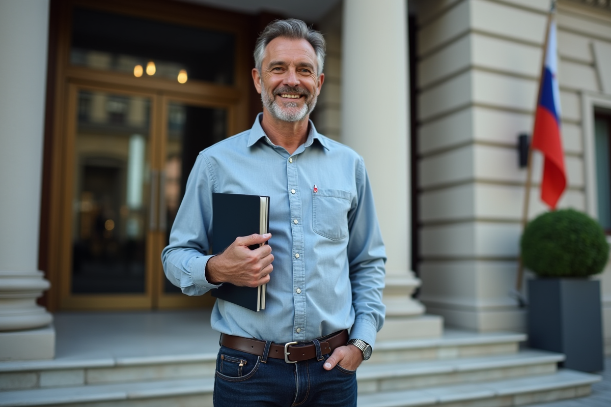 Homme avec passeport devant une ambassade moderne