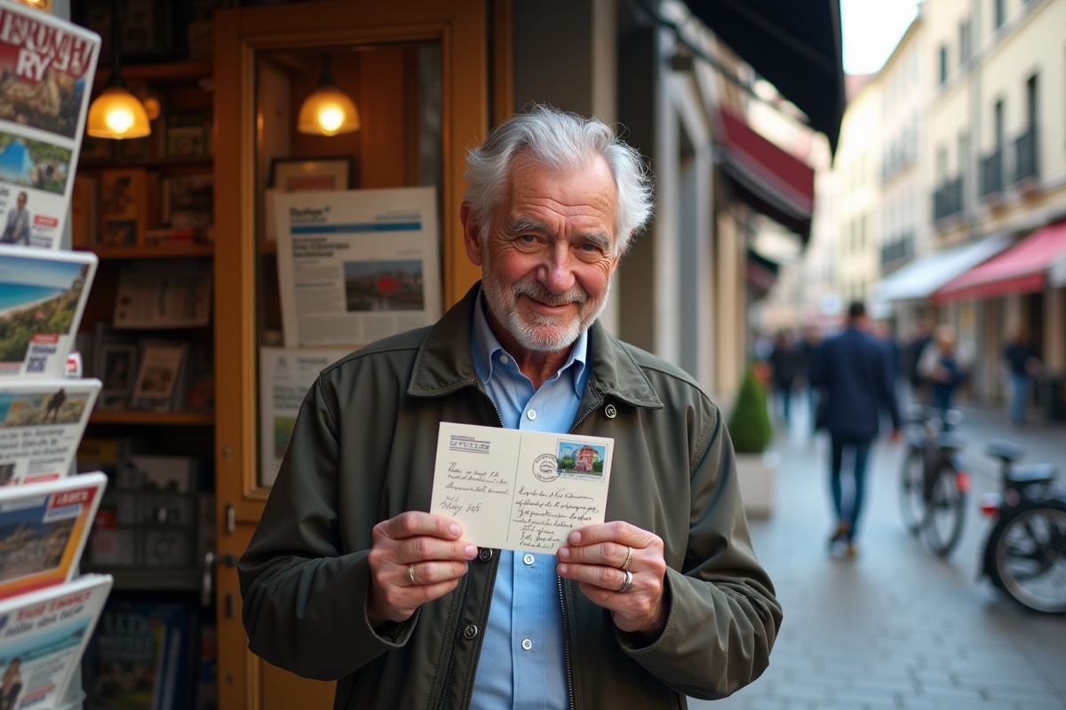 Homme examine une carte postale avec timbre à la poste
