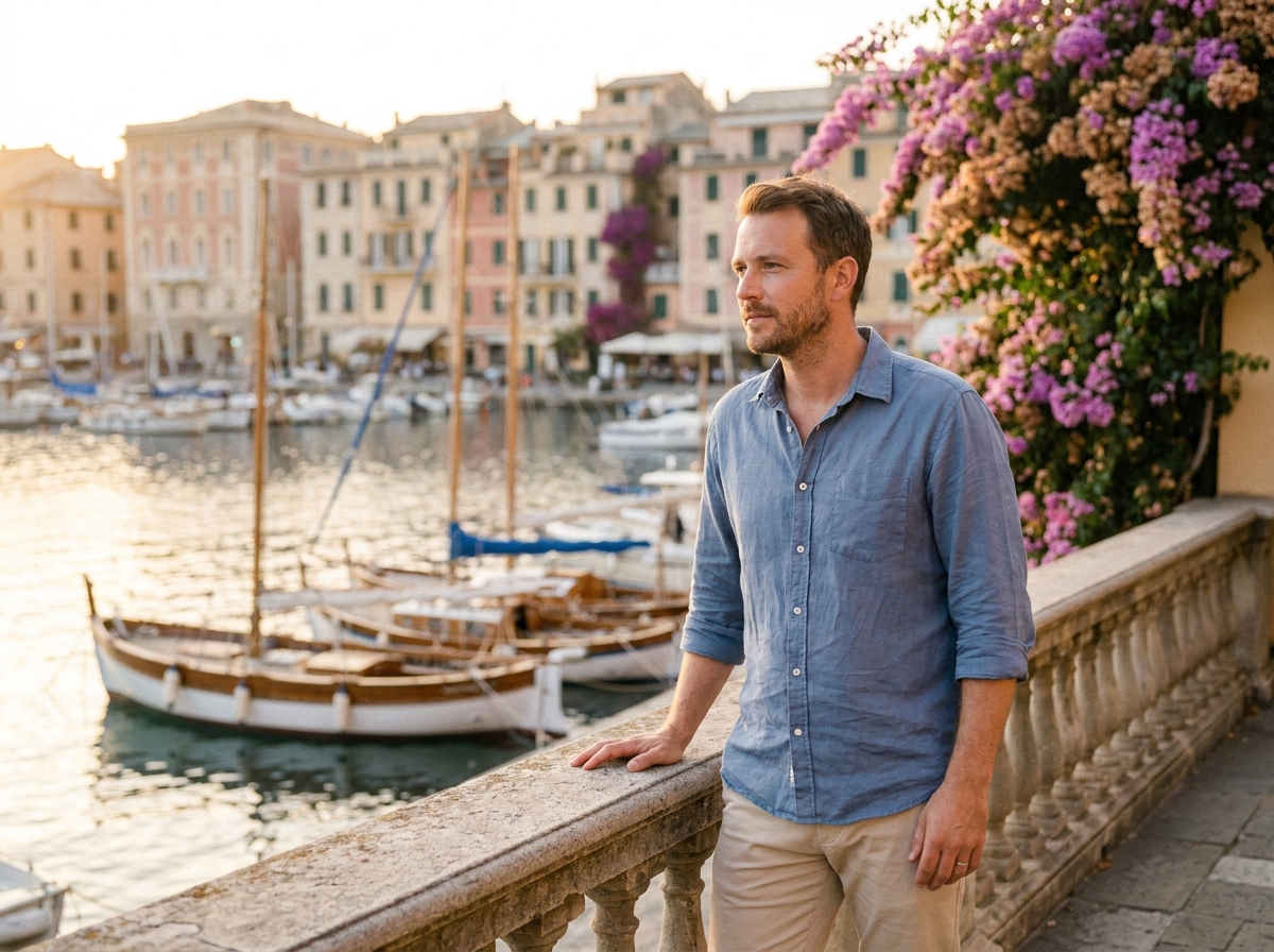 Homme gay en promenade au bord de mer dans une ville côtière méditerranéenne gay-friendly évoquant Sitges ou Ibiza