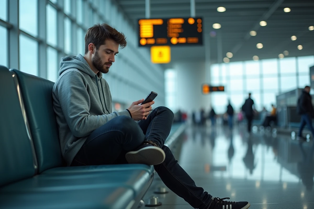 Homme recherchant des billets d'avion sur Google Flights dans un terminal d'aéroport