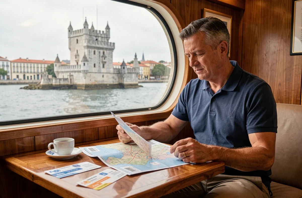 Homme étudiant un itinéraire de croisière méditerranéenne dans le salon d'un bateau avec vue sur la Tour de Belém