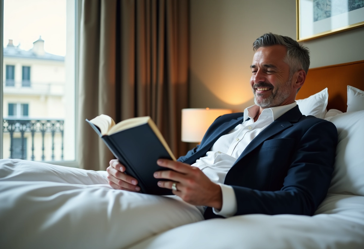 Homme lisant dans une chambre d hotel élégante