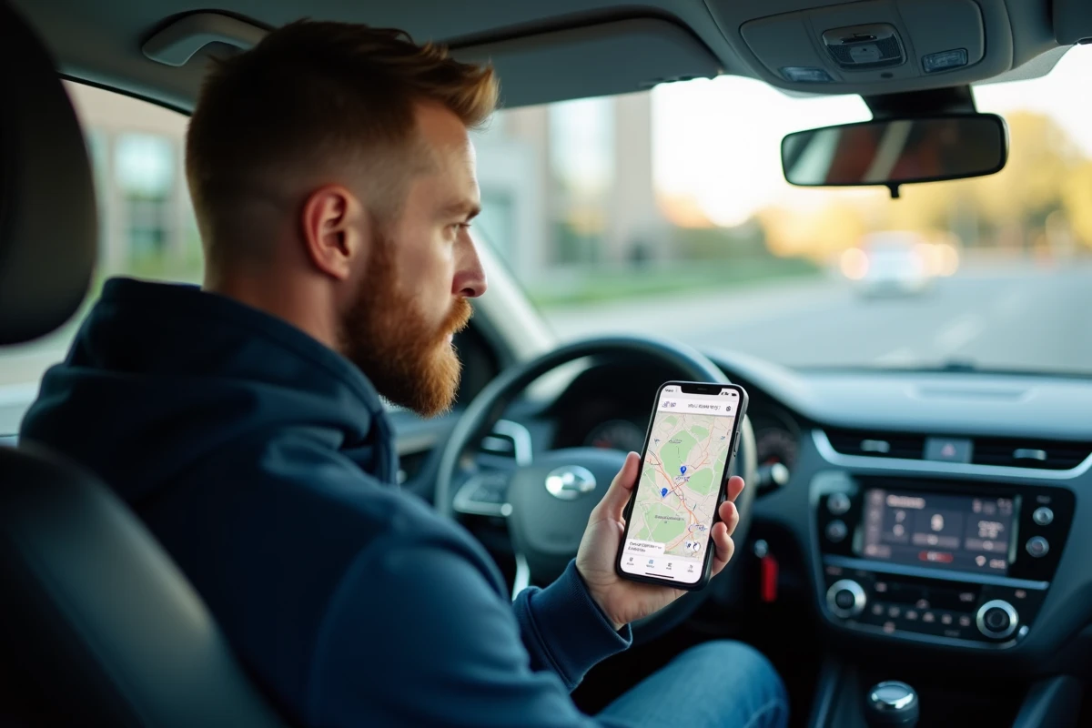 Homme utilisant Mappy comme copilote de navigation sur smartphone en voiture