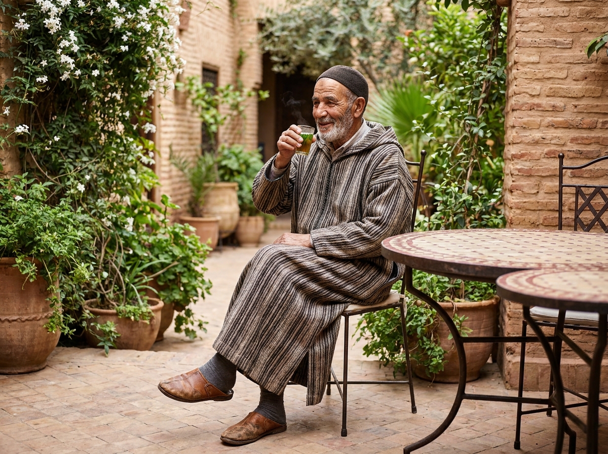Homme marocain âgé buvant du thé dans un café extérieur
