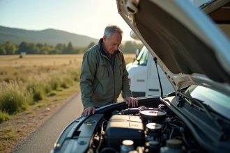 Homme inspectant le moteur d'un camping-car en pleine nature