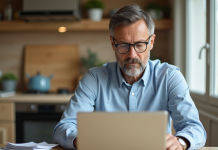 Homme d'âge moyen en tenue décontractée utilisant son ordinateur pour réserver un hôtel