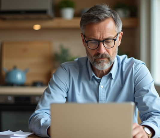 Homme d'âge moyen en tenue décontractée utilisant son ordinateur pour réserver un hôtel