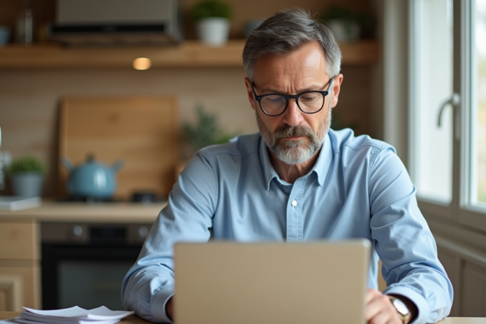 Homme d'âge moyen en tenue décontractée utilisant son ordinateur pour réserver un hôtel