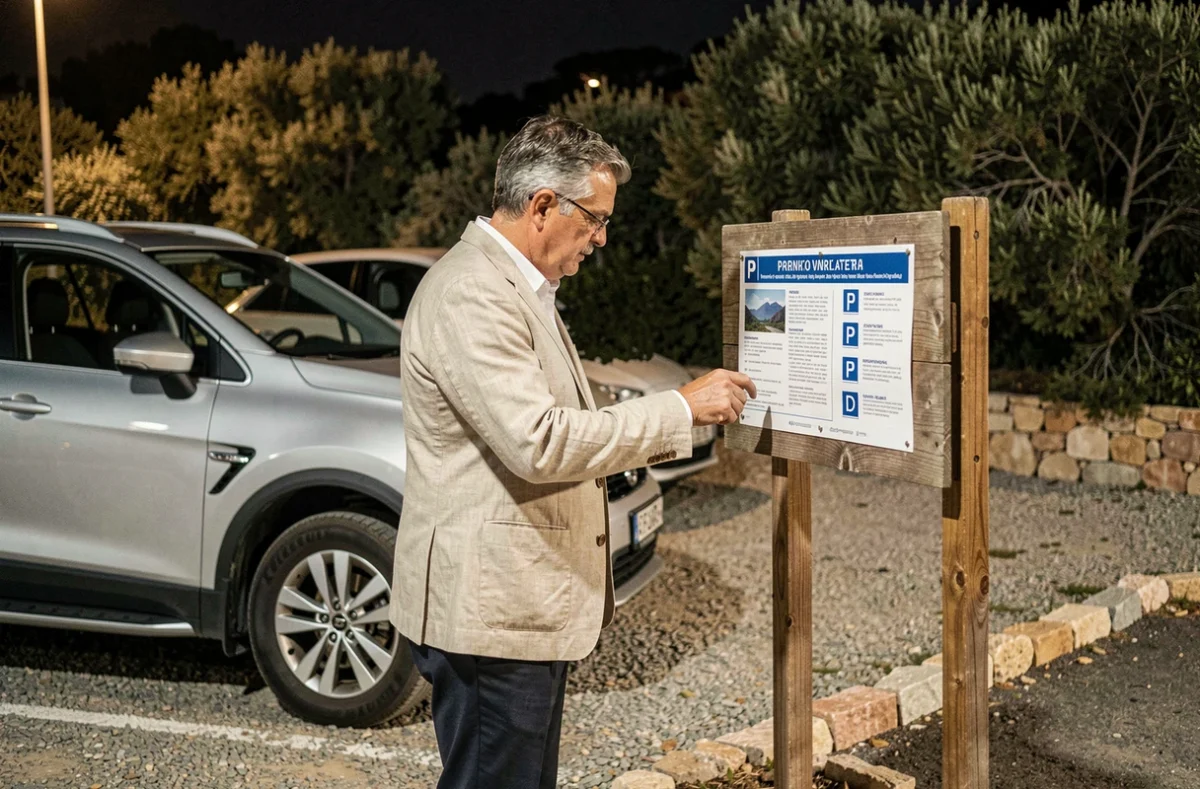 Homme consultant un panneau d'information de stationnement la nuit dans un parking de Porquerolles