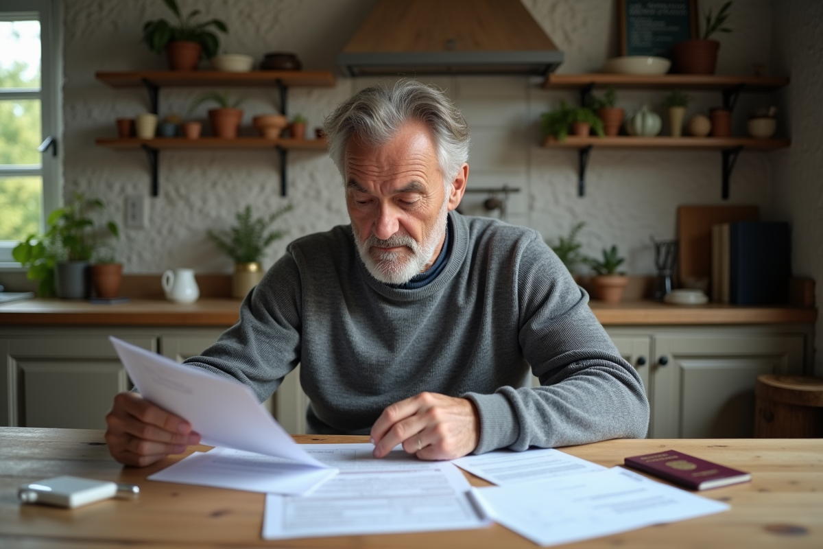 Homme examinant son passport dans une cuisine chaleureuse