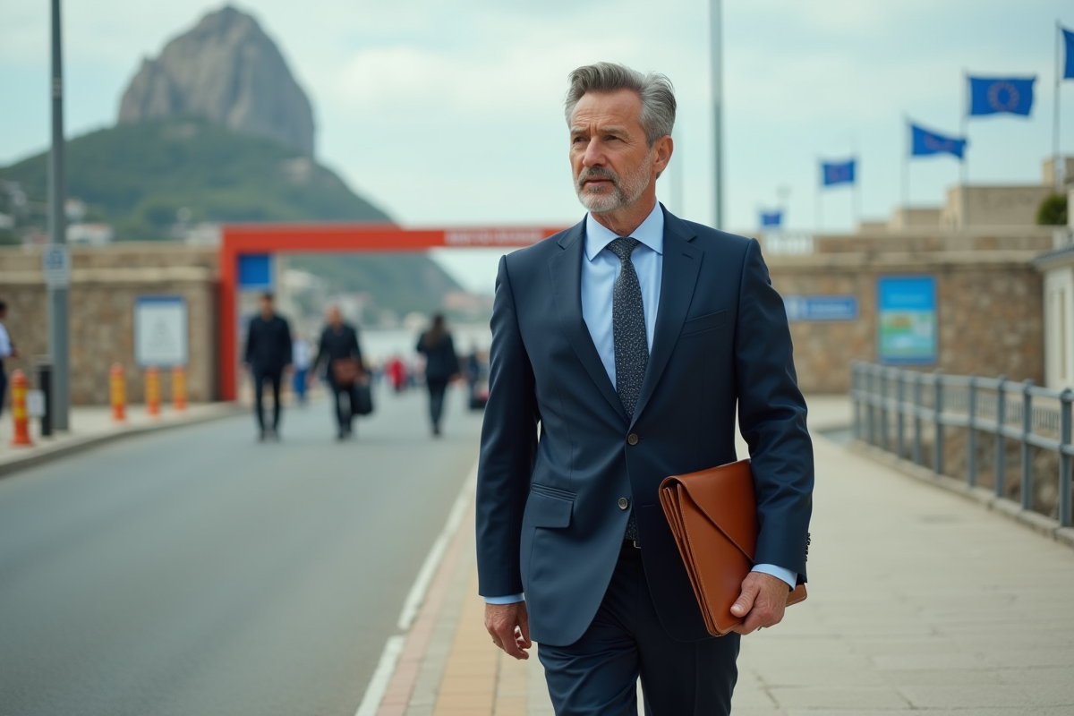 Homme en costume passant la frontière de Gibraltar