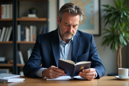 Homme d'âge moyen vérifiant son passeport français dans un bureau moderne