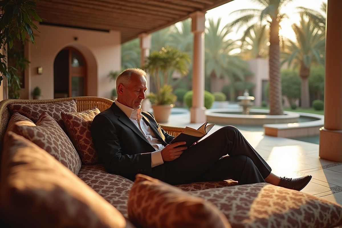 Homme détendu sur canapé en patio marocain élégant