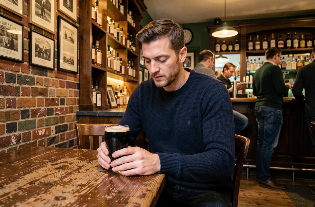 Homme dégustant une pinte de stout dans un pub traditionnel irlandais du quartier Temple Bar à Dublin