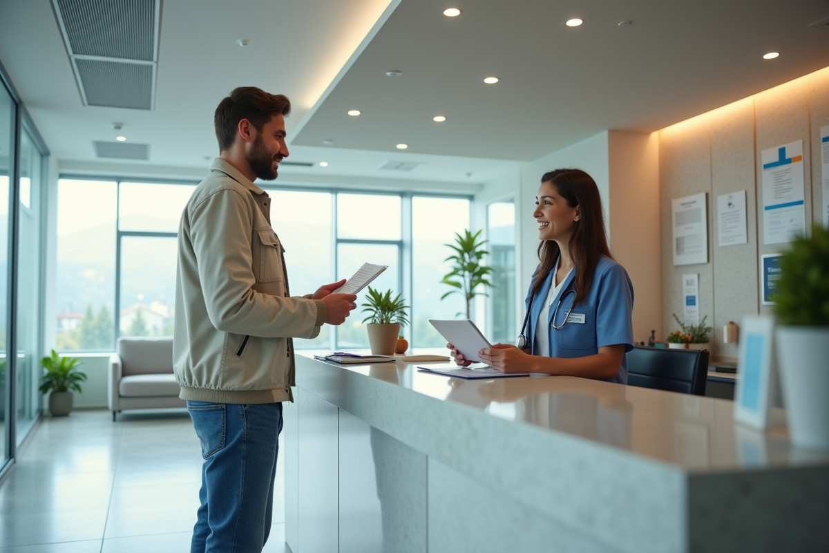 Jeune homme discutant avec la reception en clinique moderne