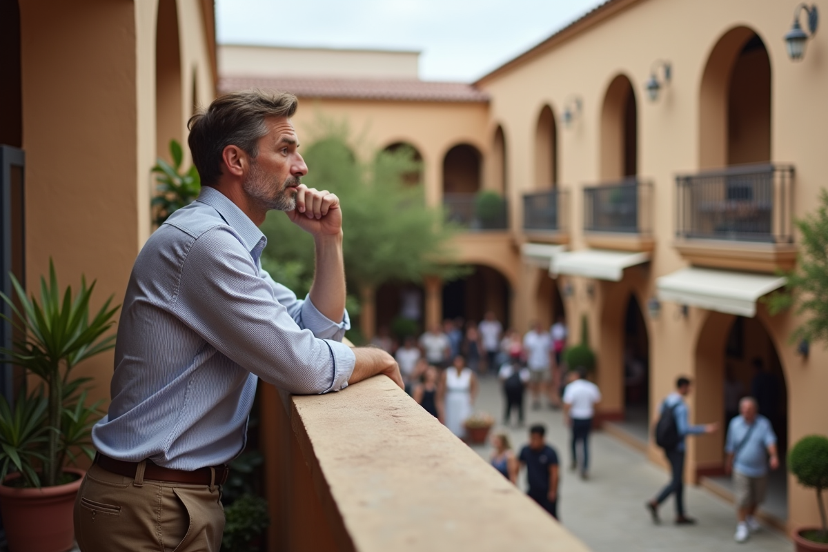 Homme d affaires observant la cour d un hostel rénové