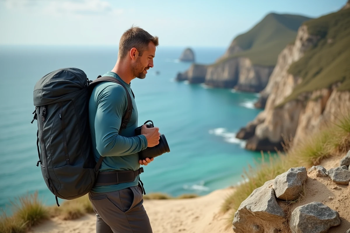 Homme vérifiant son sac à côté des falaises de Plage des 3 Pointes