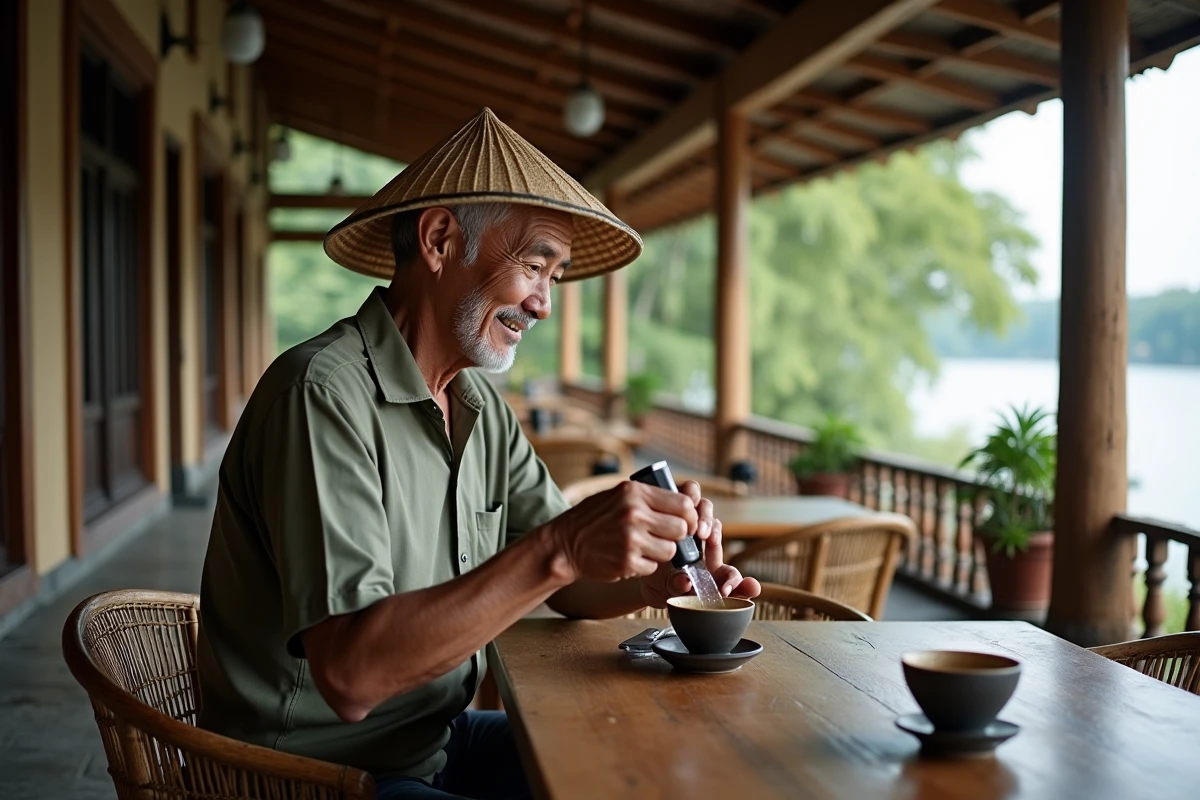 Homme vietnamien préparant du café dans un café au bord de la rivière