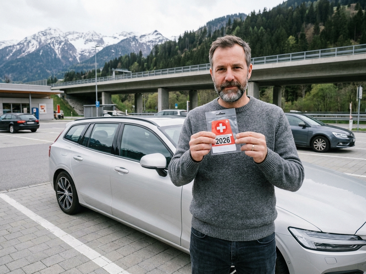 Homme tenant une vignette suisse 2026 devant une voiture garée dans une aire d'autoroute en Suisse