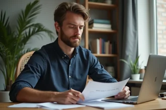 Homme lisant une lettre d'approbation de visa dans un bureau moderne