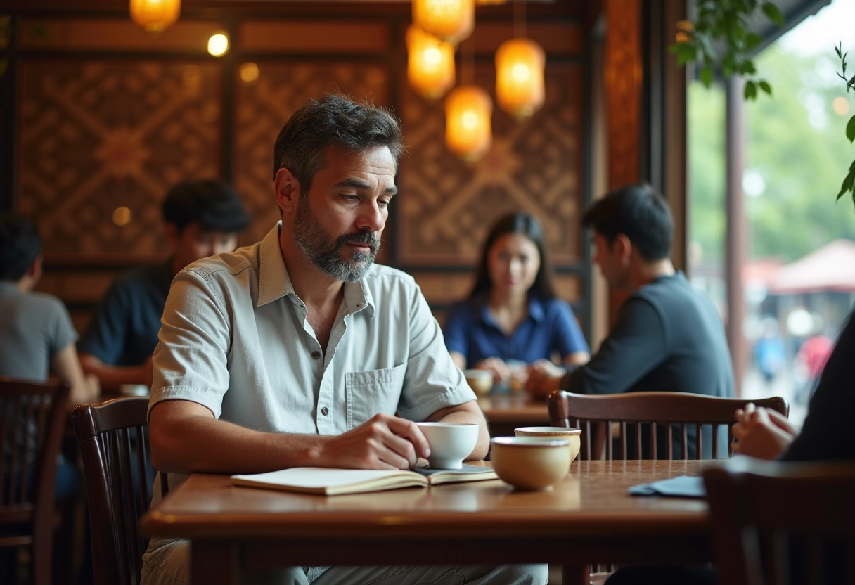 Homme voyageur dans une maison de thé à Guangzhou