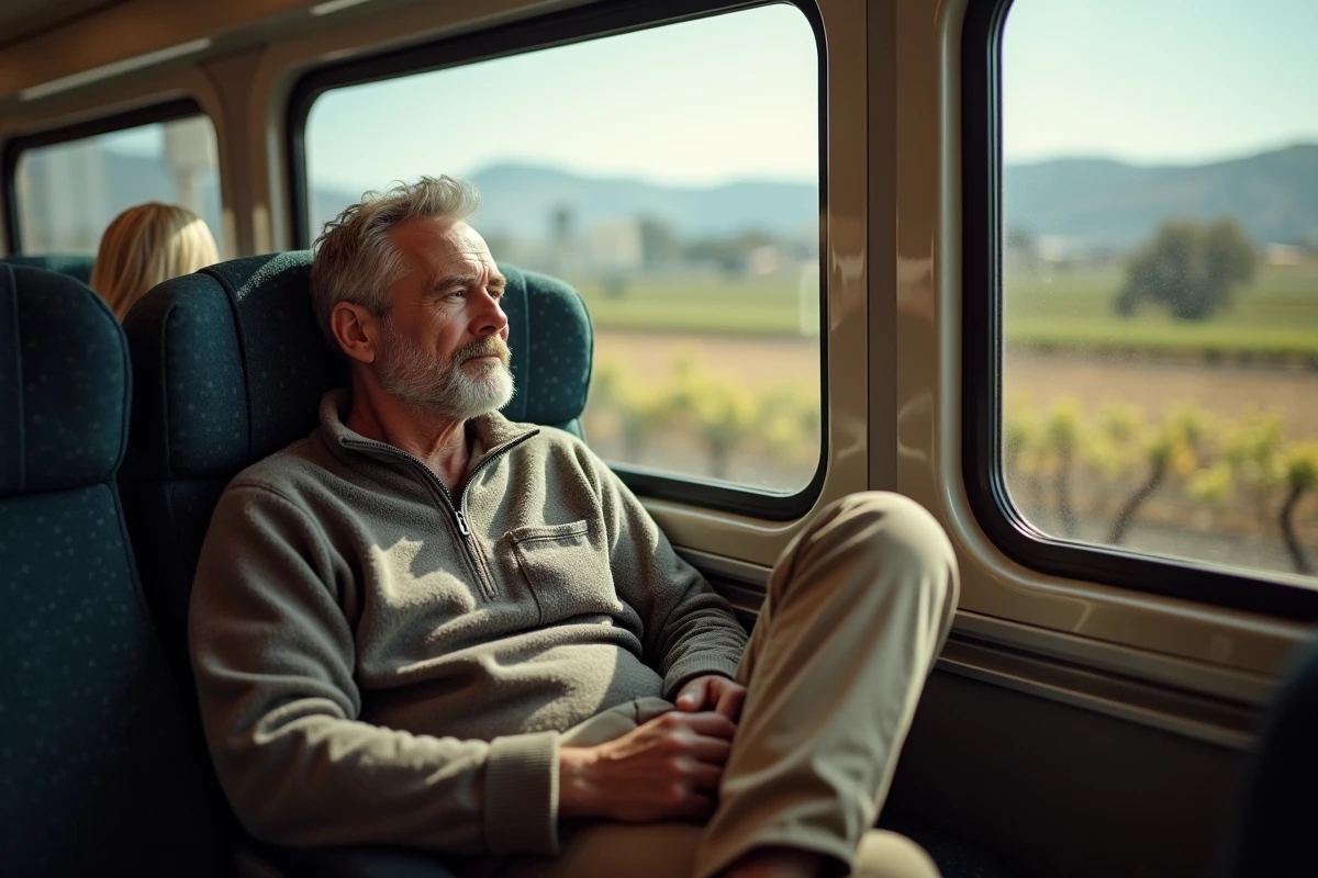 Homme contemplant le paysage dans un train en Californie