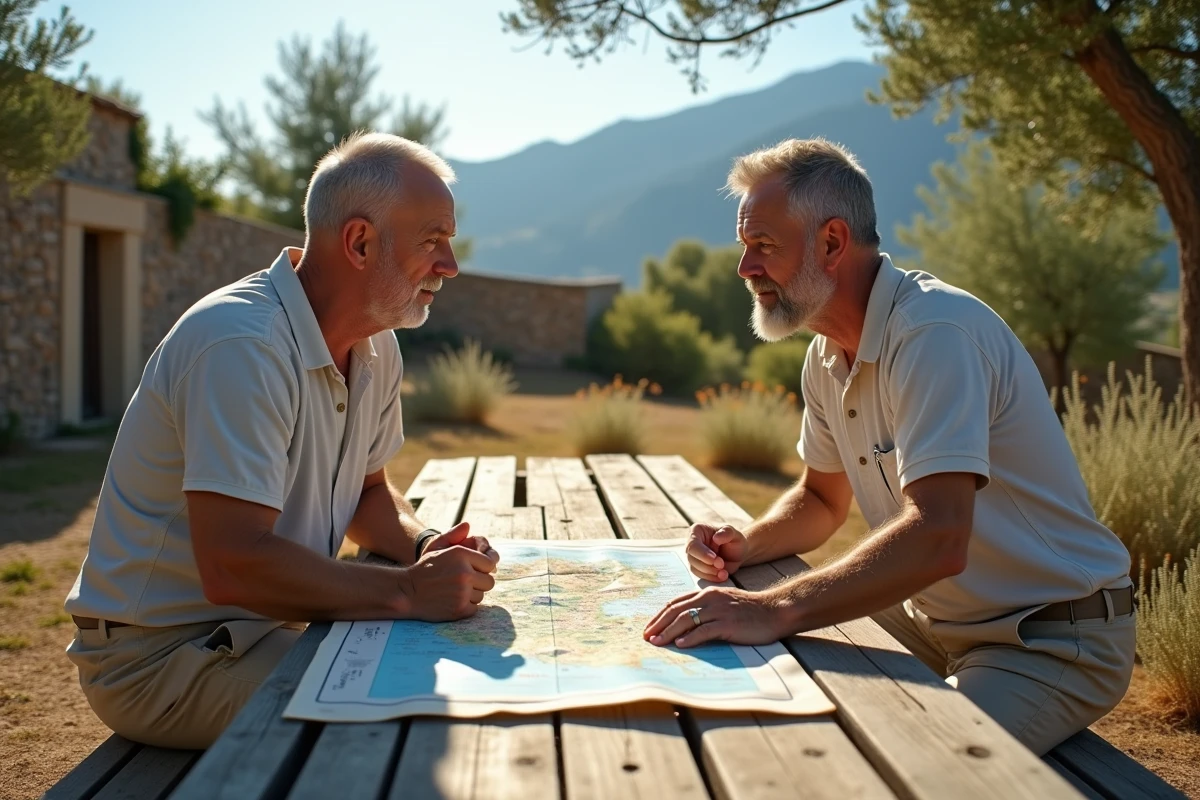 Deux hommes avec carte de Corse en plein air