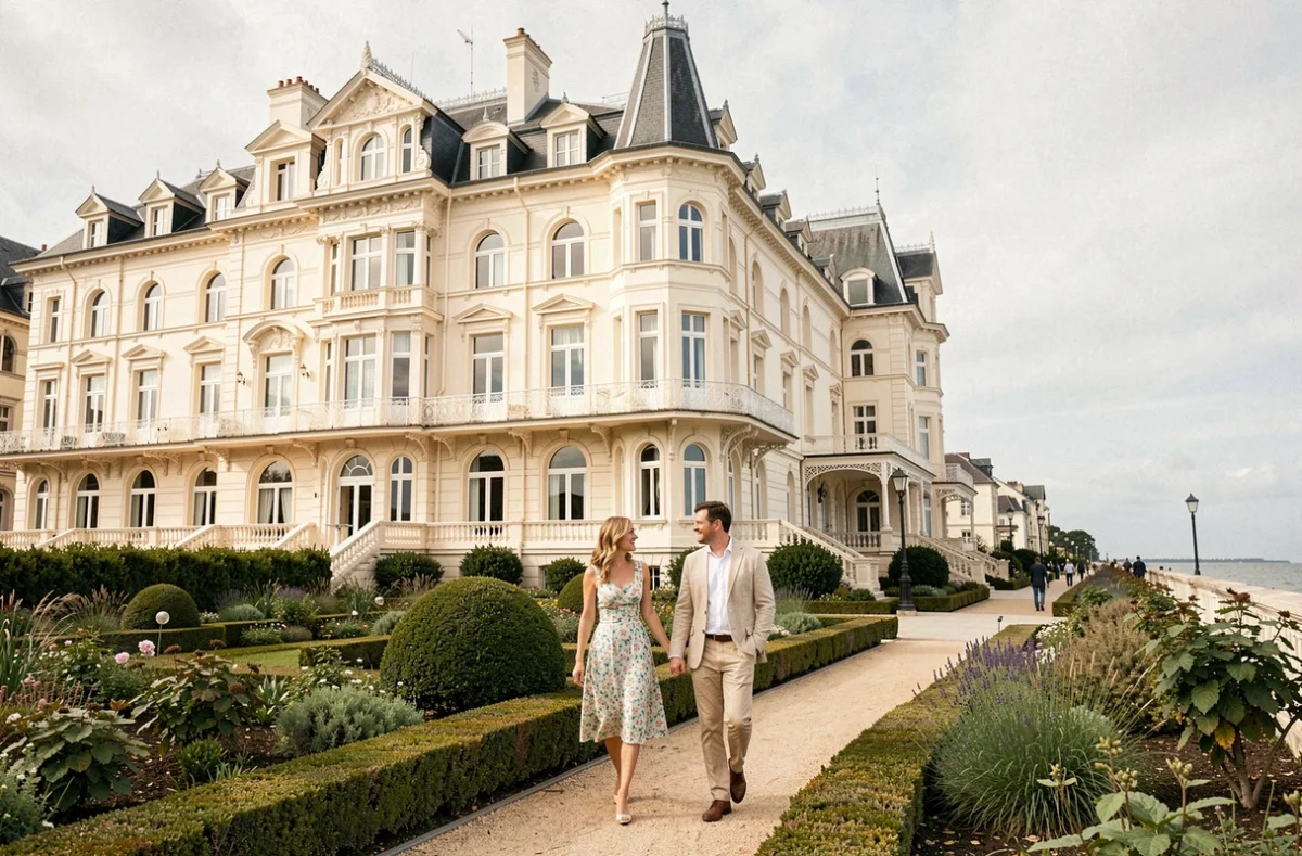 Façade Belle Époque de l'Hôtel Barrière Le Grand Hôtel Dinard avec jardins et promenade en bord de mer