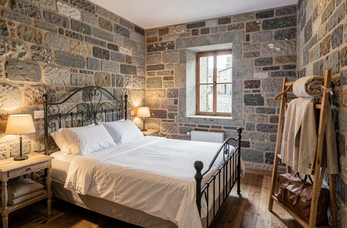 Chambre cosy de l'Hôtel Bristol Union Intra Muros à Saint-Malo avec murs en granit, lit en fer forgé et vue sur rue pavée