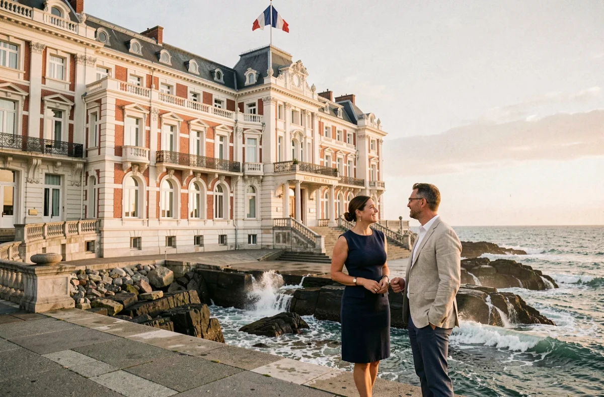 Façade impériale de l'Hôtel du Palais à Biarritz avec vue sur l'océan Atlantique et des vagues se brisant sur les rochers