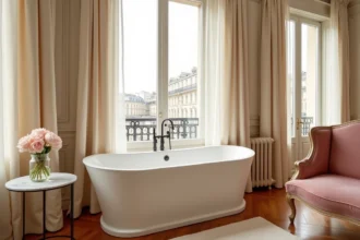 Chambre d'hôtel de luxe à Paris avec jacuzzi blanc autoportant près des fenêtres, décoration Haussmann et parquet en bois