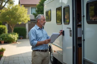 Homme inspectant un camping-car moderne dans une cour