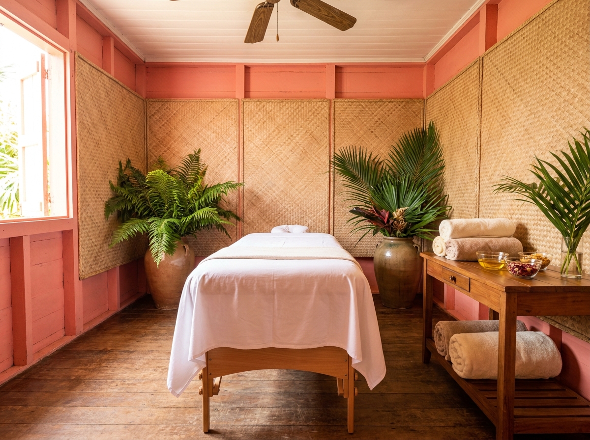 Intérieur d'un salon de massage traditionnel créole en Guadeloupe, table de soin drapée de blanc entourée de plantes tropicales et d'huiles essentielles locales