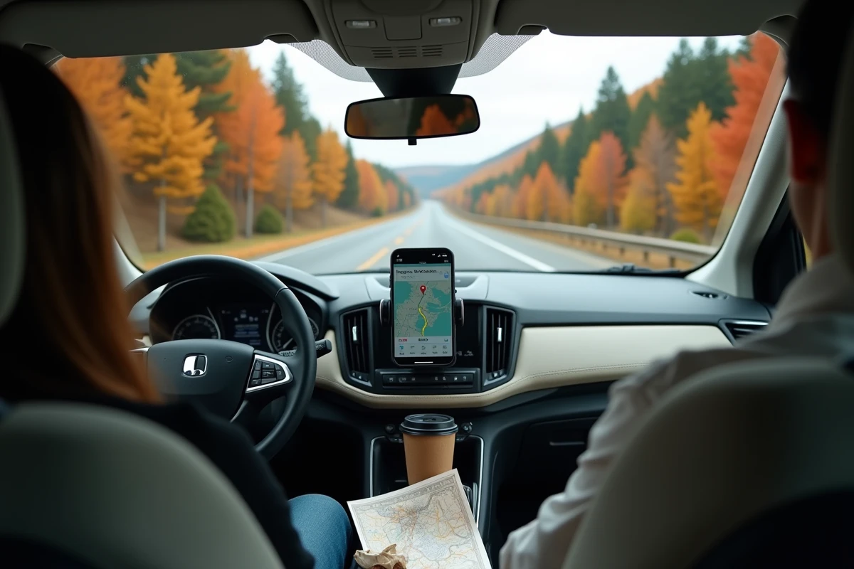 Intérieur d'une voiture avec GPS affichant l'itinéraire Montréal–New York sur une autoroute bordée de forêts automnales