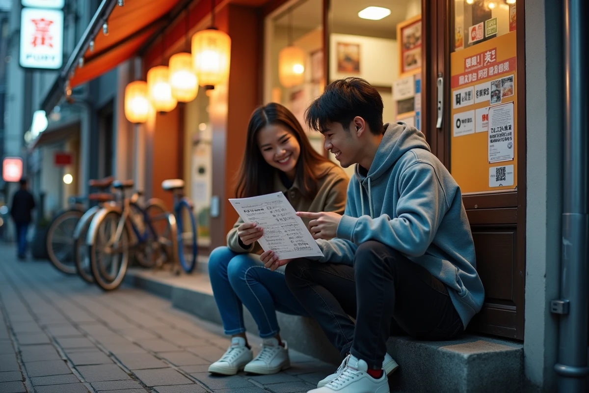Deux amis planifiant leur itinéraire de road trip à Tokyo dans le quartier de Shimokitazawa