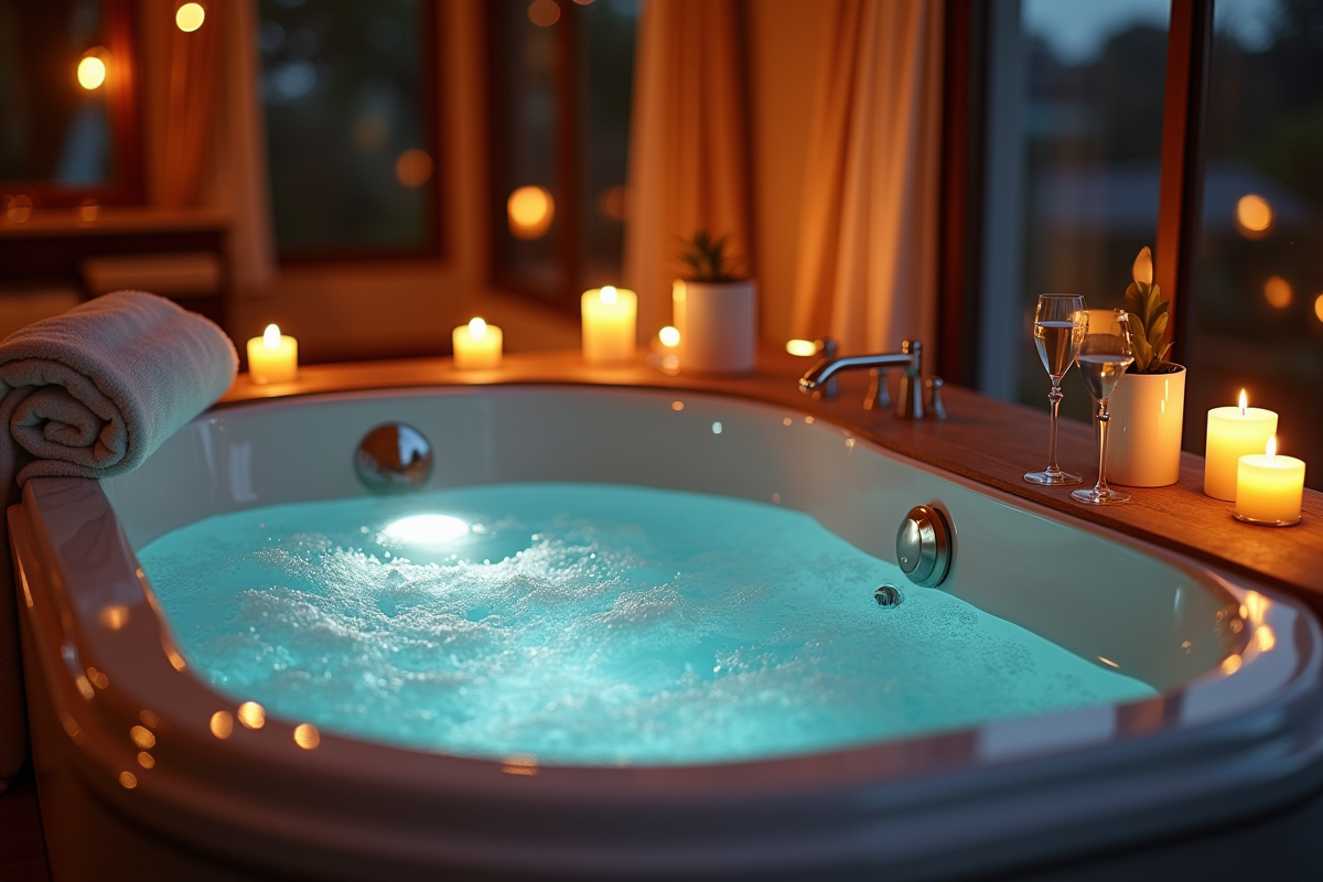 Jacuzzi luxueux dans une suite romantique ambiance soirée