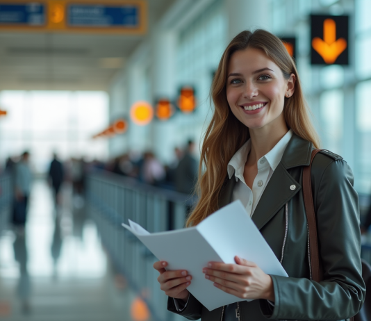 Enregistrer auprès de TUI : horaires et démarches à connaître Jeune femme en voyage à l'aéroport avec documents