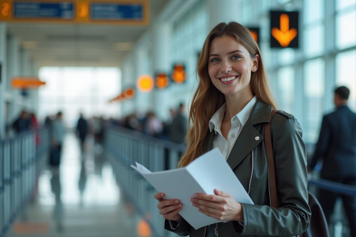 jeune-femme-aeroport Jeune femme en voyage à l'aéroport avec documents