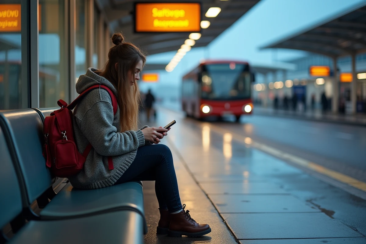 Jeune femme assise vérifiant son téléphone à Gatwick
