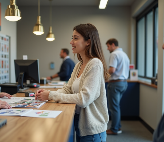 Acheter un timbre international : où et comment trouver ? Jeune femme cherche des timbres à la poste moderne